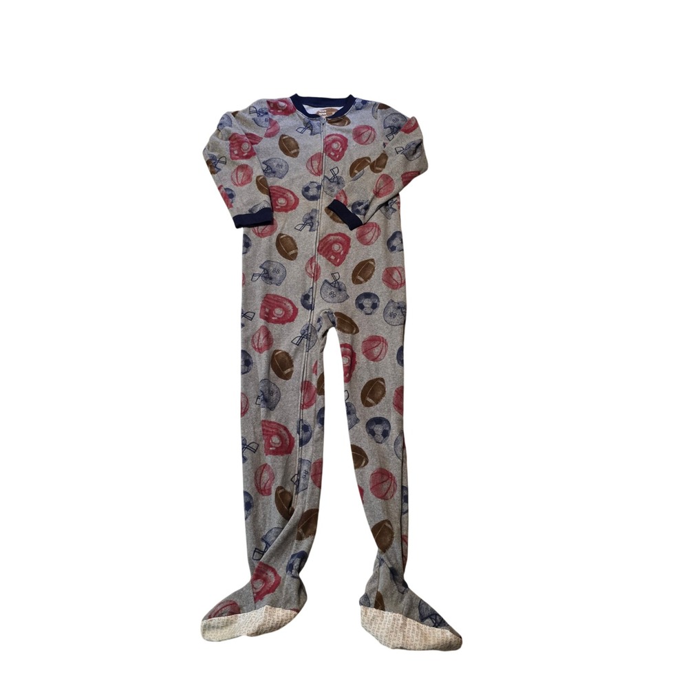 Carter's Sports Print Fleece Footed Pajamas Boys SZ 12 Gray Navy Red Zip Up